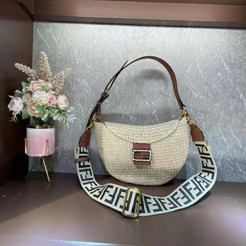 Fendi Small Croissant Woven Straw Bag for Women in Beige