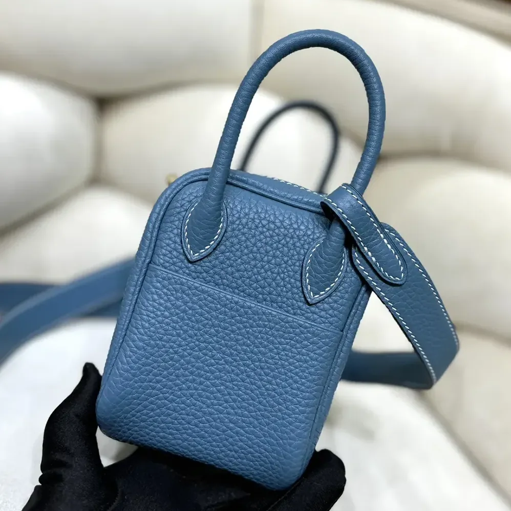 Hermes Lindy Mini 19 in Clemence Leather for Women in Blue/Gold Hermes Lindy Mini 19 in Clemence Leather for Women in Blue/Gold