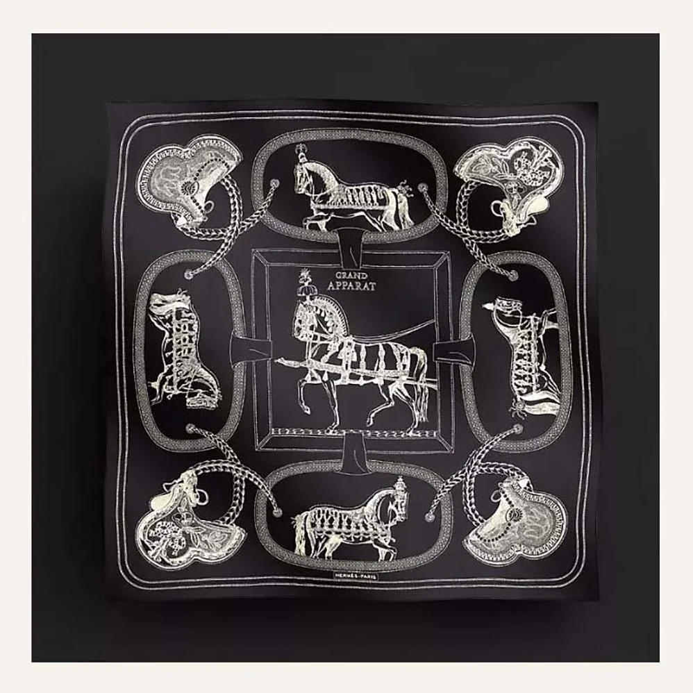 Hermes Embroidered Grand Apparat Scarf 90 for Women in Black Hermes Embroidered Grand Apparat Scarf 90 for Women in Black