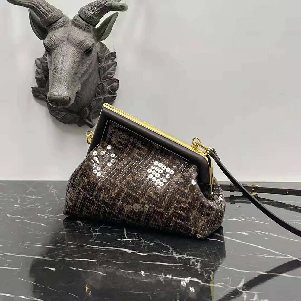 Fendi First Small Brown FF Jacquard Fabric Bag with Sequins for Women