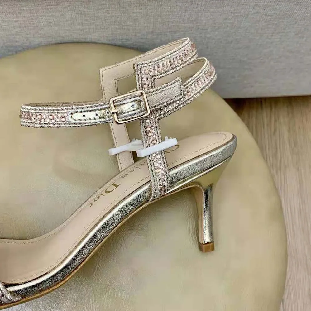 Dior Dway Heeled Sandal Gold-Tone Cotton Embroidered with Metallic Thread and Strass for Women