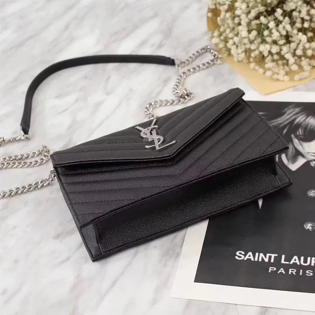 Saint Laurent YSL Medium Monogram Envelope Chain Wallet Silver Hardware in Black Saint Laurent YSL Medium Monogram Envelope Chain Wallet Silver Hardware in Black