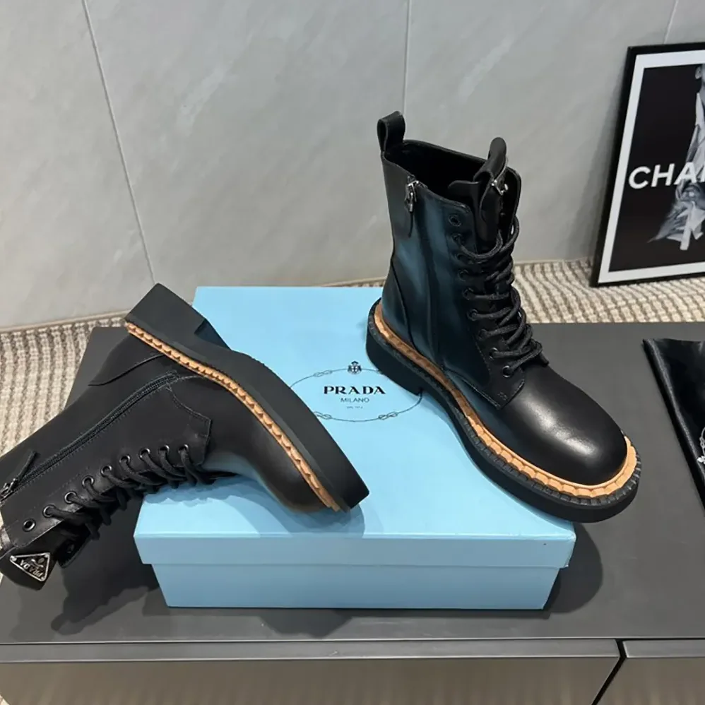 Prada Black Leather Lace-Up zip up Combat Boots for Unisex