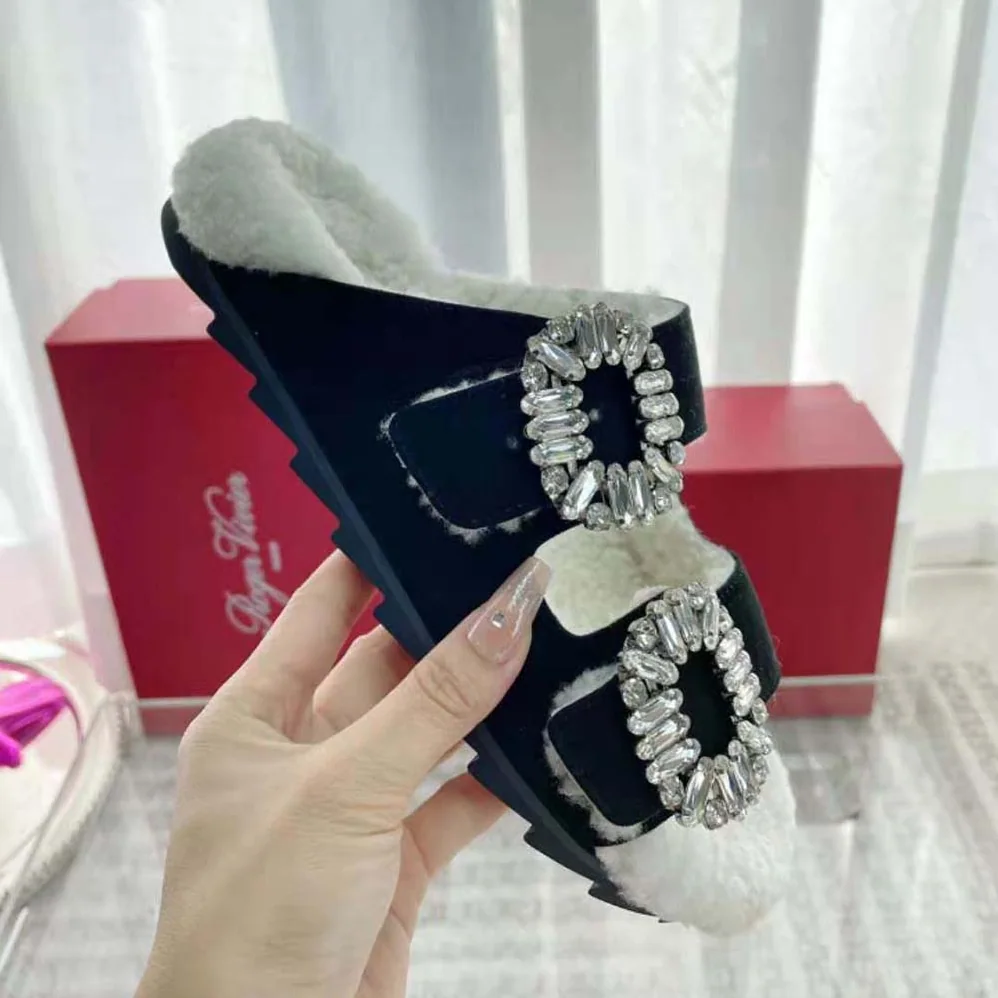 Roger Vivier Slidy Viv' Fur Strass Buckle Mules in Suede for Women in Black Roger Vivier Slidy Viv' Fur Strass Buckle Mules in Suede for Women in Black