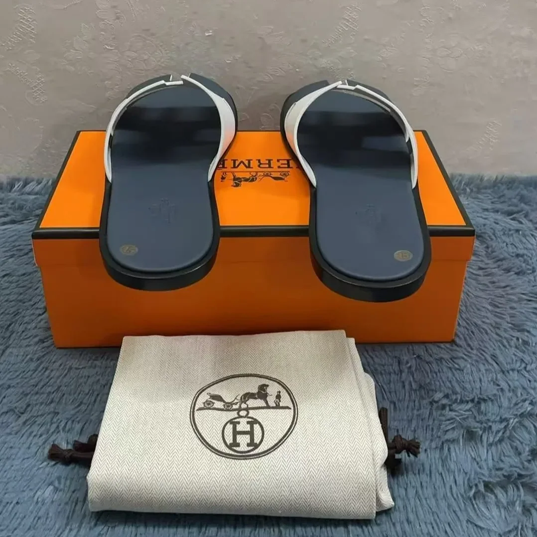 Hermes Izmir Sandals Navy Blue in White Hermes Izmir Sandals Navy Blue in White