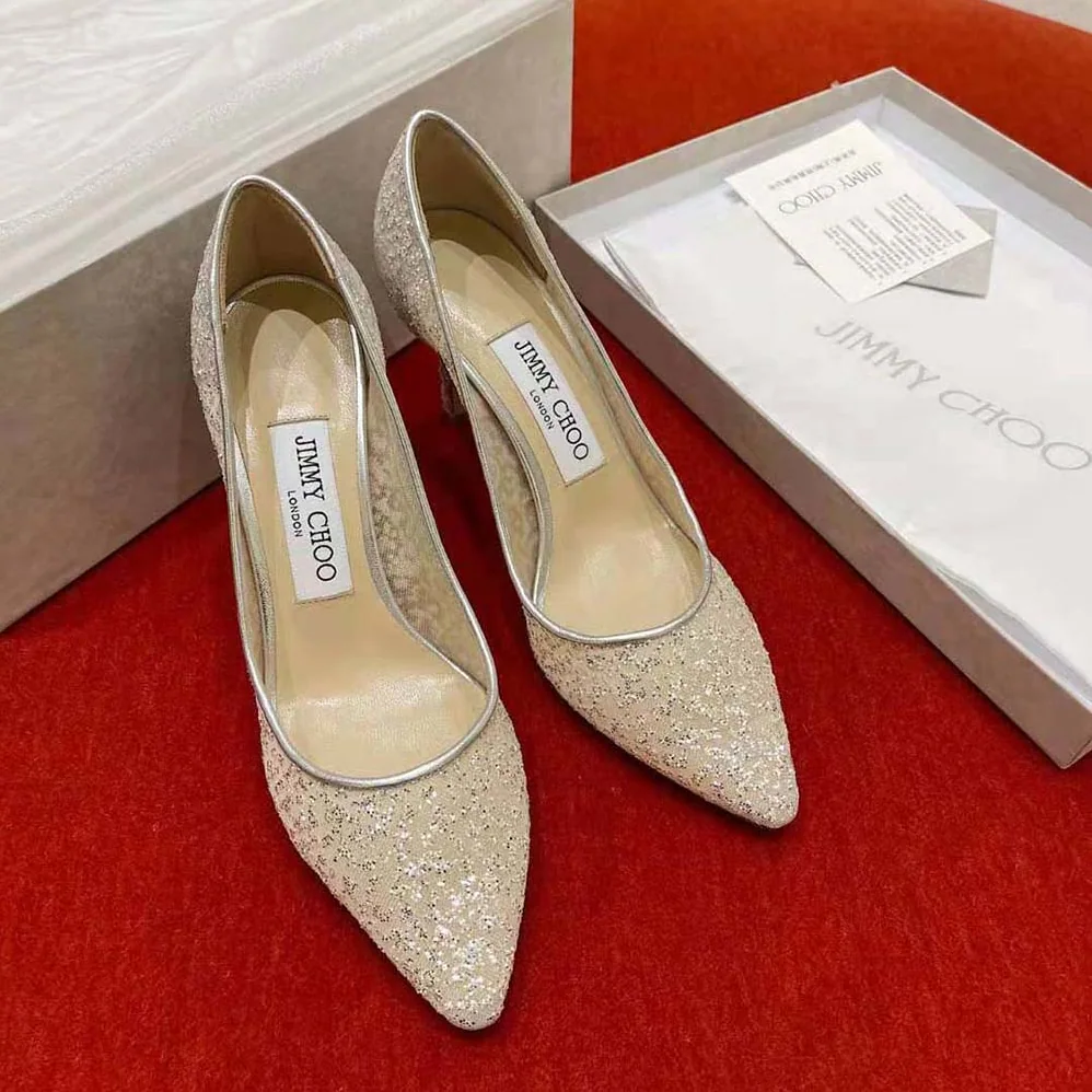 Jimmy Choo Romy 85 Silver Glitter Tulle and Metallic Nappa Pointy for Women in Toe Pumps