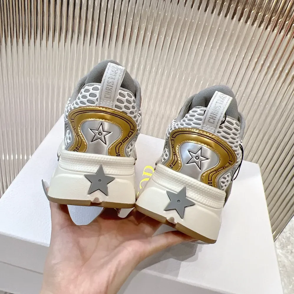 Dior Vibe Sneaker White Mesh Printed with Dior Oblique Motif and Gold- and Silver in Tone Dior Vibe Sneaker White Mesh Printed with Dior Oblique Motif and Gold- and Silver in Tone