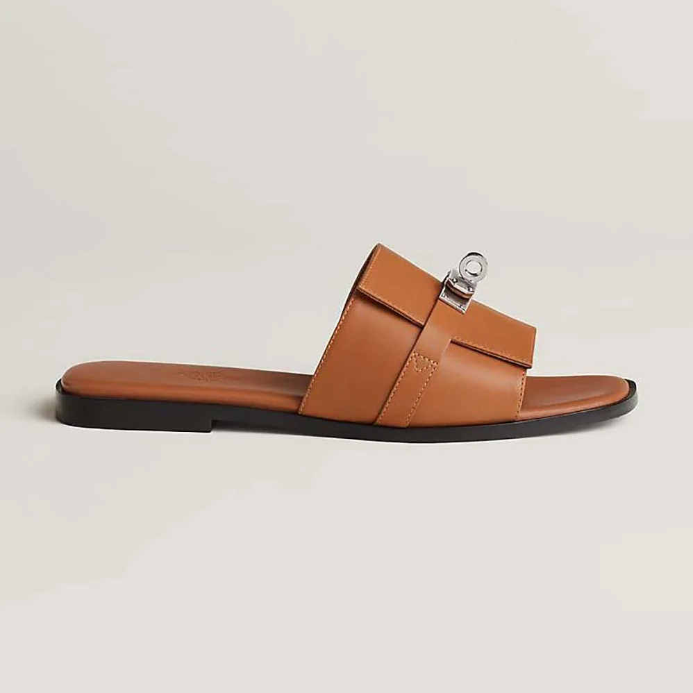 Hermes Giulia Sandal in Calfskin with Iconic Palladium-Plated Kelly Buckle for Women in Brown Hermes Giulia Sandal in Calfskin with Iconic Palladium-Plated Kelly Buckle for Women in Brown