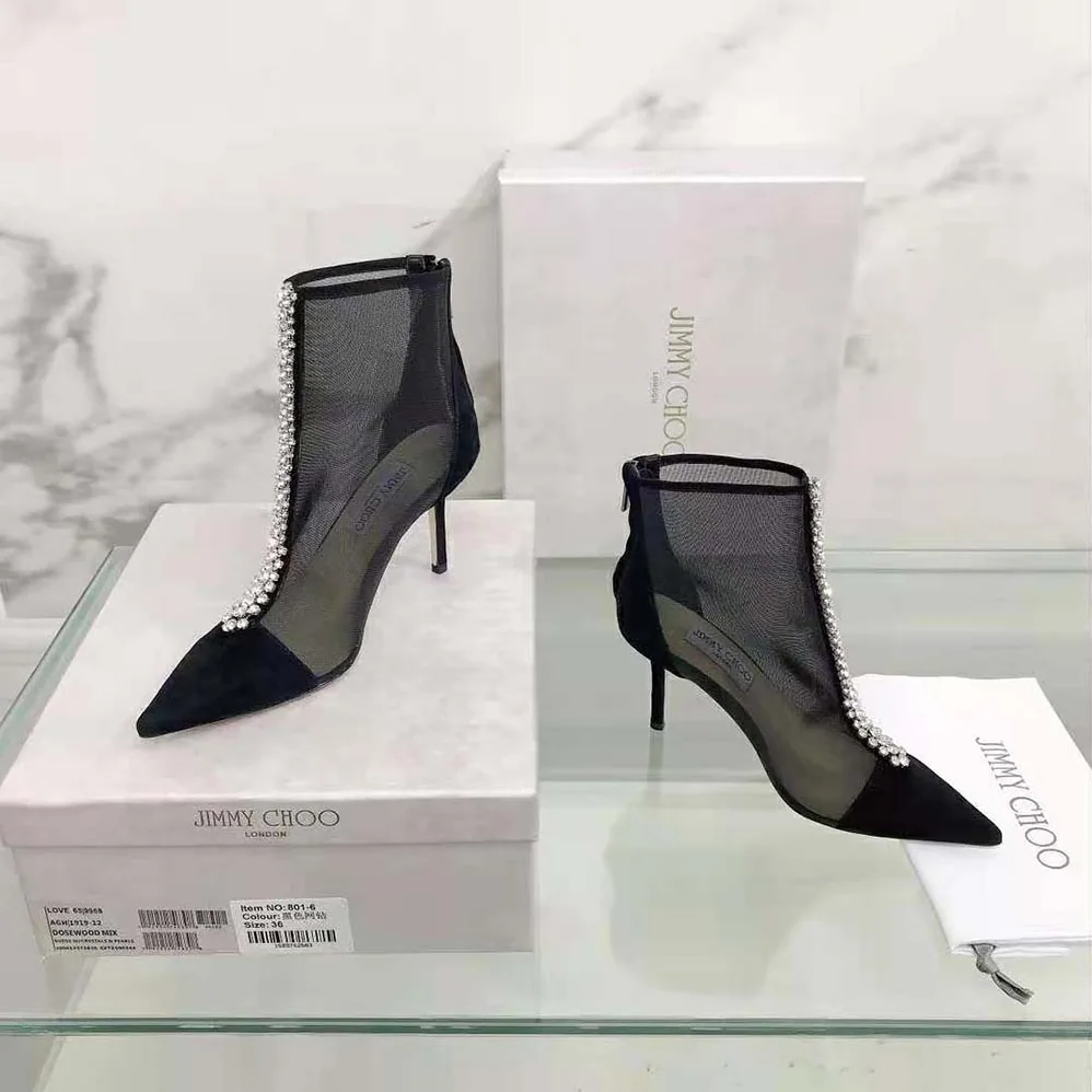 Jimmy Choo Bing Boot 100 Black Suede and Mesh Ankle Boots with Crystal Embellishment for Women