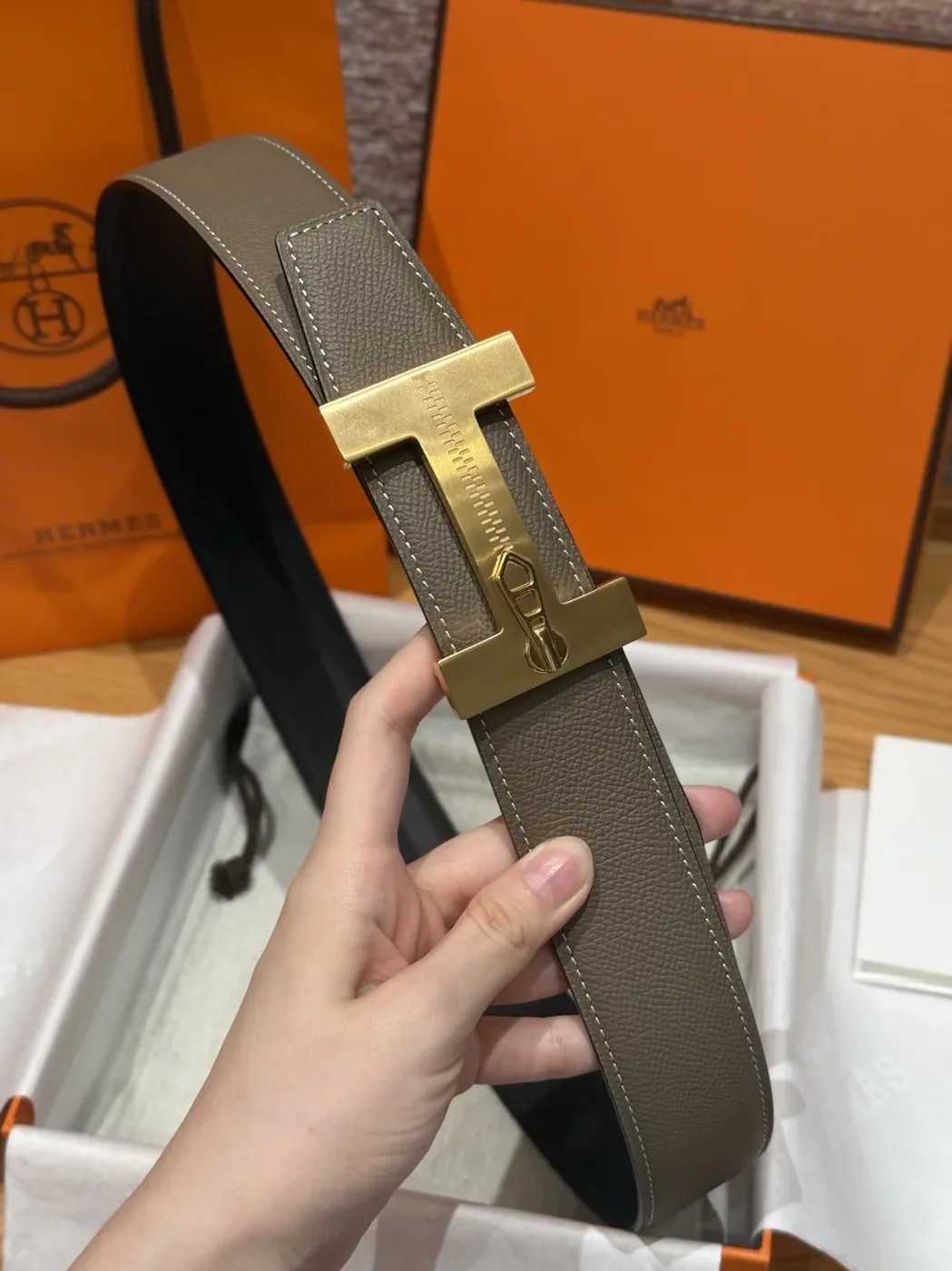 Hermès H-Zip Reversible Belt Taupe & Black