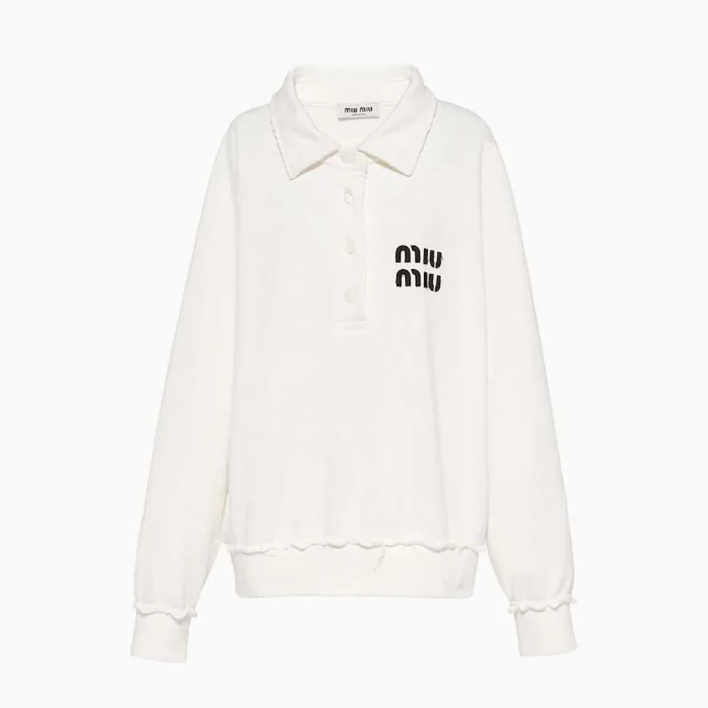 Miu Miu Cotton Polo Sweatshirt with Embroidered Logo for Women in White Miu Miu Cotton Polo Sweatshirt with Embroidered Logo for Women in White