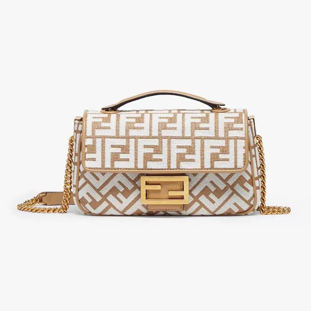 Fendi Baguette Chain Midi Raffia Bag with White Tapestry Fabric FF Motif for Women