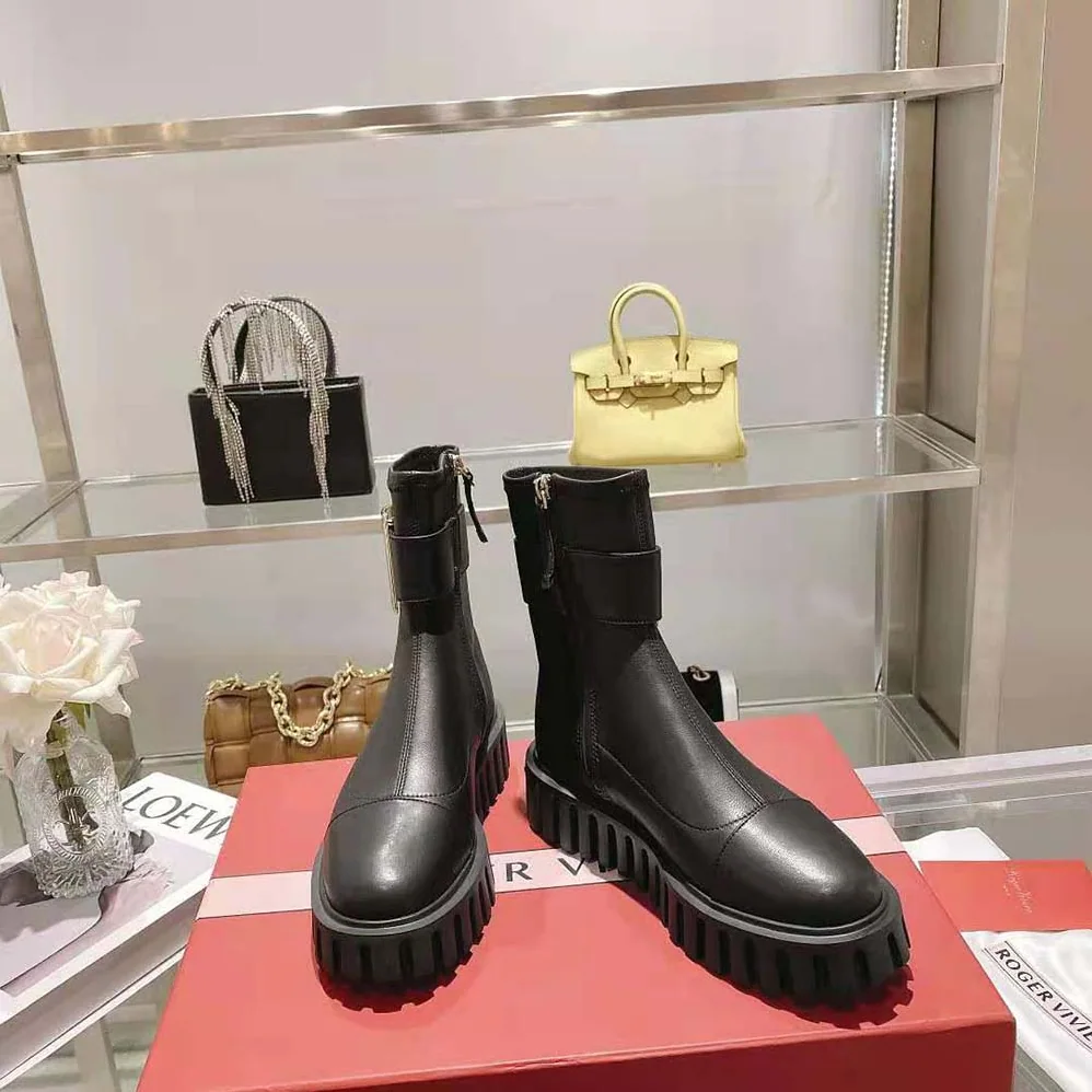 Roger Vivier Viv' Go-Thick Metal Buckle Stretch Ankle Boots in Soft Leather for Women Roger Vivier Viv' Go-Thick Metal Buckle Stretch Ankle Boots in Soft Leather for Women