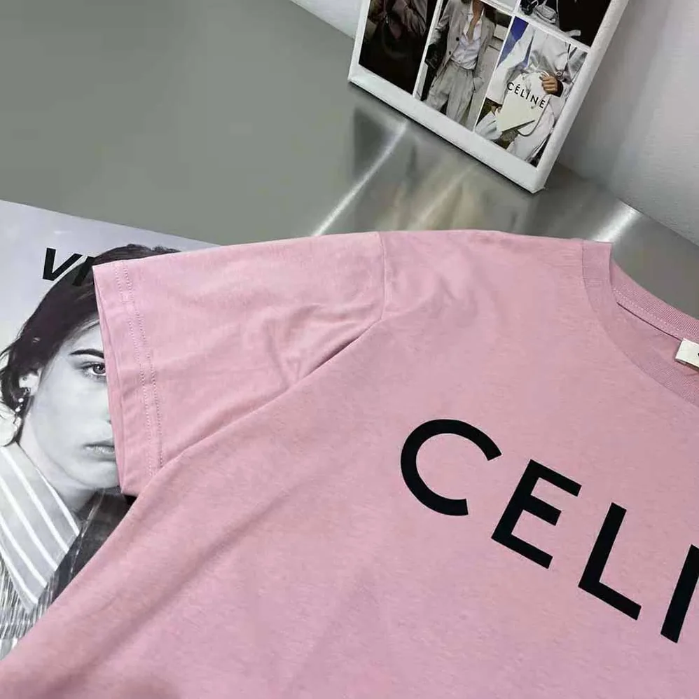 Celine Loose Unisex Cotton Jersey T-shirt for Women in Pink Celine Loose Unisex Cotton Jersey T-shirt for Women in Pink