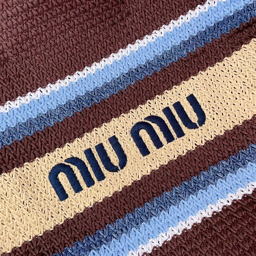 Miu Miu Raffia-Effect Woven Tote Bag for Women in Cocoa Brown/Celeste/Natural Miu Miu Raffia-Effect Woven Tote Bag for Women in Cocoa Brown/Celeste/Natural
