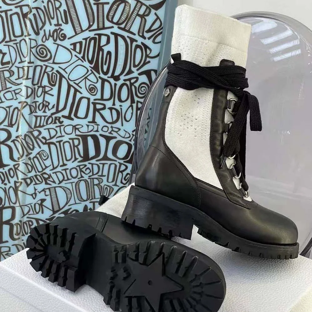 Dior Diorland Lace-up Boot Black Calfskin and White Cotton for Women Dior Diorland Lace-up Boot Black Calfskin and White Cotton for Women