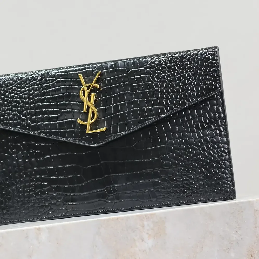 Saint Laurent YSL Uptown Pouch in Crocodile-embossed Shiny Leather for Women in Black