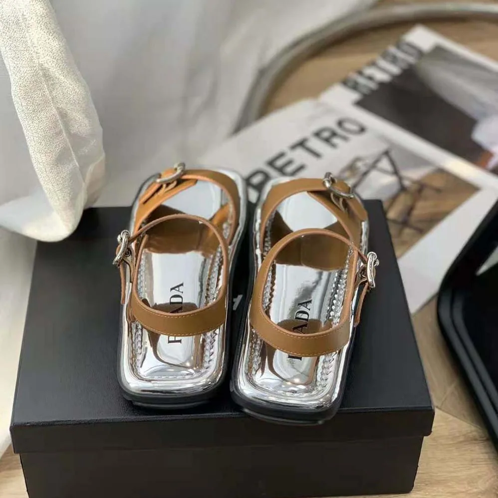 Prada Flat Rectangular Leather Sandals for Women in Brown Prada Flat Rectangular Leather Sandals for Women in Brown