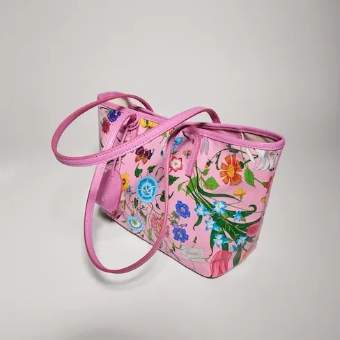 Gucci Tribeca Small Tote Bag / Pink/ Multicolor Gucci Flora Coated Canvas Palladium Hardware A0034E FAF8S 8642 Gucci Tribeca Small Tote Bag / Pink/ Multicolor Gucci Flora Coated Canvas Palladium Hardware A0034E FAF8S 8642