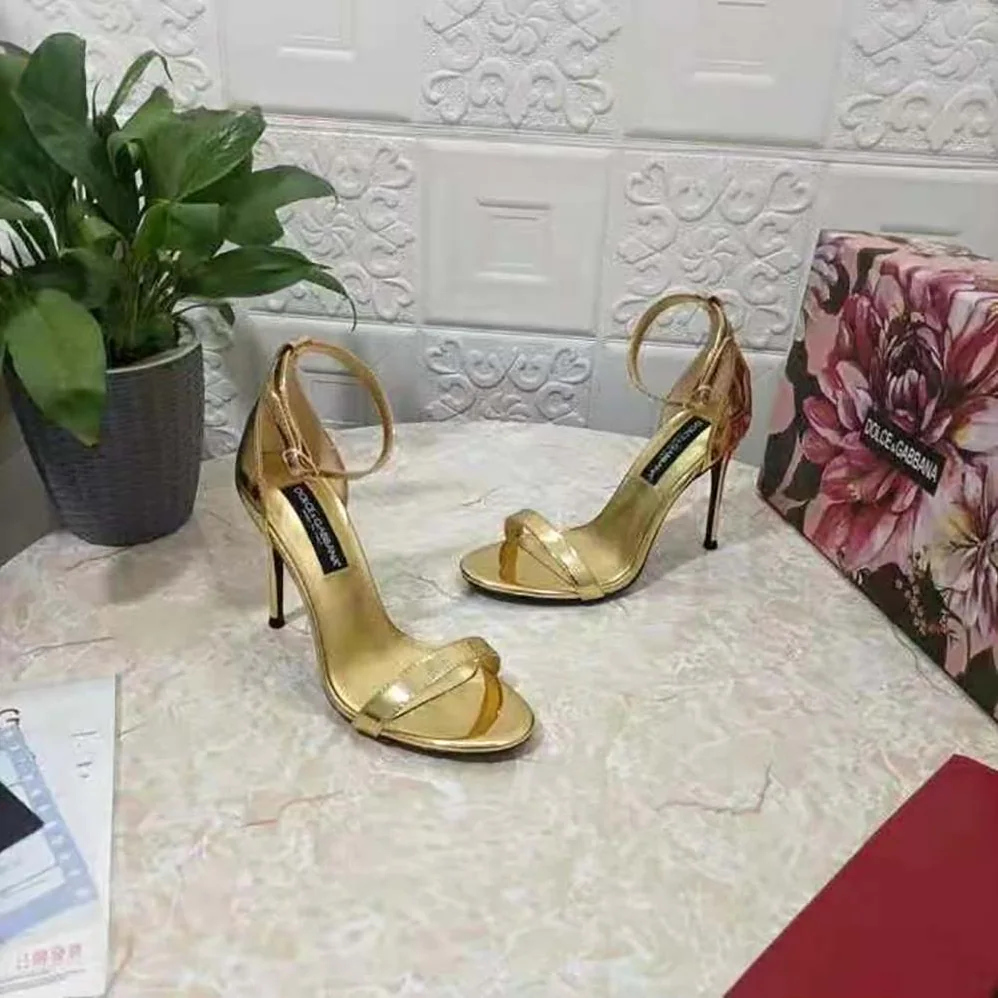 Dolce Gabbana D&G Mirrored-Effect Calfskin Sandals for Women in Gold Dolce Gabbana D&G Mirrored-Effect Calfskin Sandals for Women in Gold