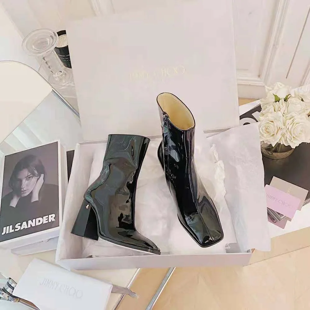 Jimmy Choo Bryelle 85 Black Naplack Block Heel Ankle Boots with JC emblem for Women Jimmy Choo Bryelle 85 Black Naplack Block Heel Ankle Boots with JC emblem for Women