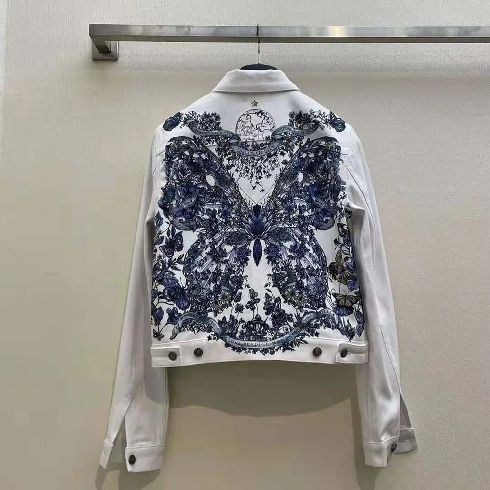 Dior Jacket Ecru Cotton Denim with Multicolor Butterfly Around the World Motif for Women Dior Jacket Ecru Cotton Denim with Multicolor Butterfly Around the World Motif for Women