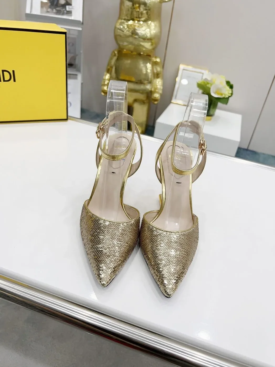 Fendi First Gold Glitter High in Heeled Slingbacks Fendi First Gold Glitter High in Heeled Slingbacks