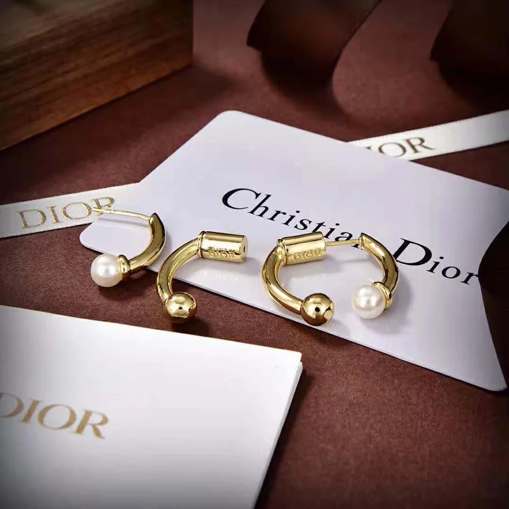 Dior Petit CD Earrings Gold-Finish Metal and White Resin Pearls for Women