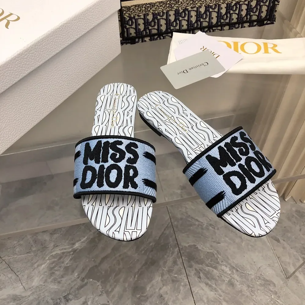Dior Dway Slide Embroidered Cotton and Pale Blue Miss Dior Allover Motif for Women