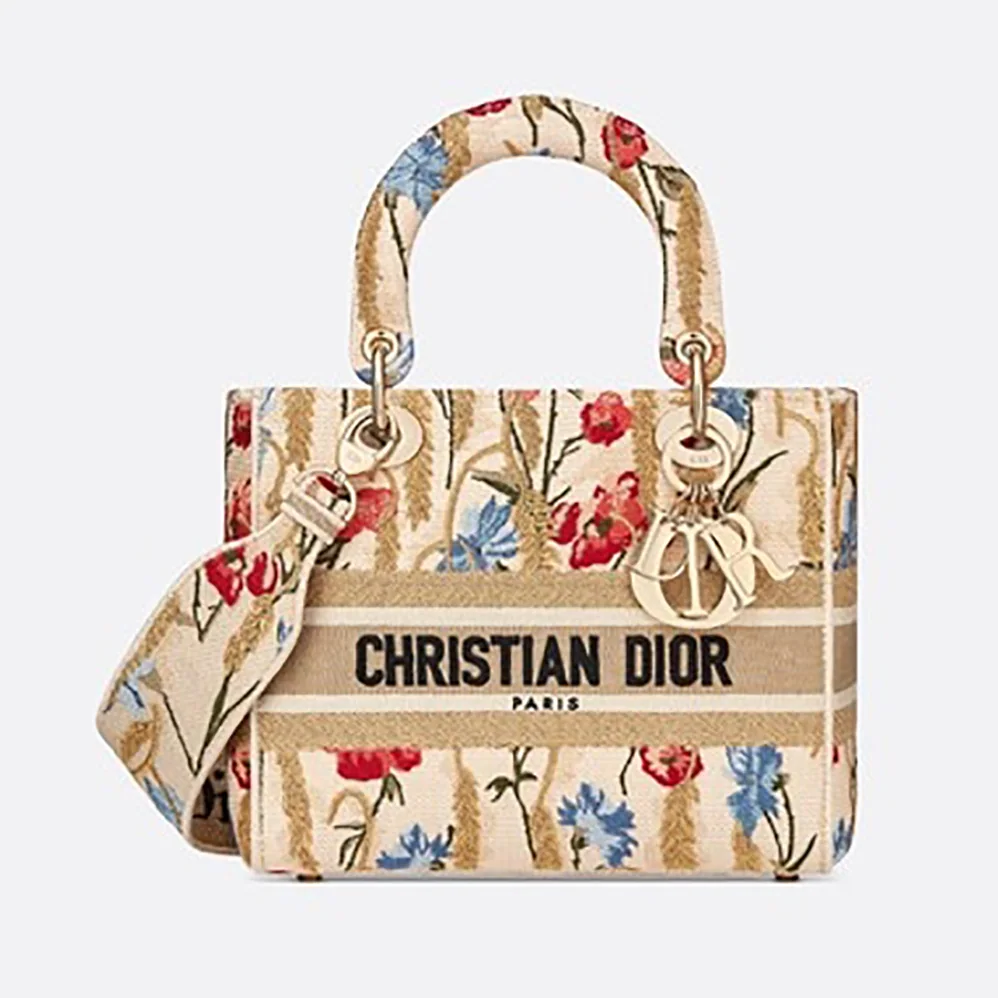 Dior Medium Lady D-lite Bag Beige Multicolor Dior Hibiscus Metallic Thread Embroidery for Women