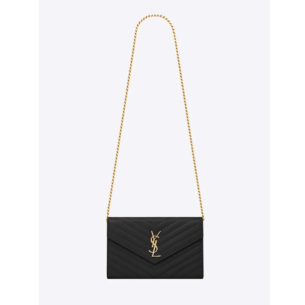 Saint Laurent Monogram Chain Wallet Grain De Poudre Embossed in Gold