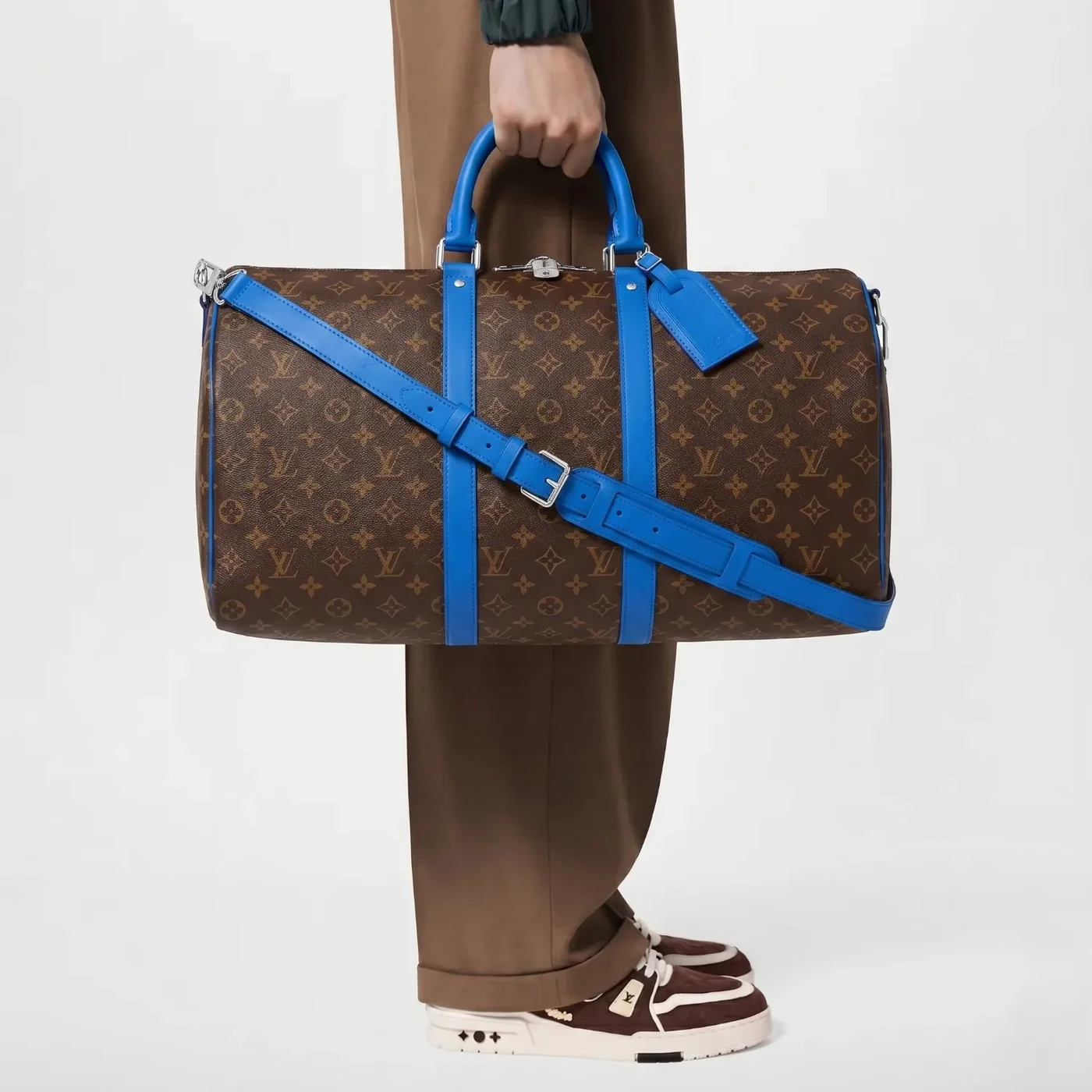 Louis Vuitton Keepall Bandouliere 50 Travel Bag in Brown/ Blue Silver Hardware Louis Vuitton Keepall Bandouliere 50 Travel Bag in Brown/ Blue Silver Hardware