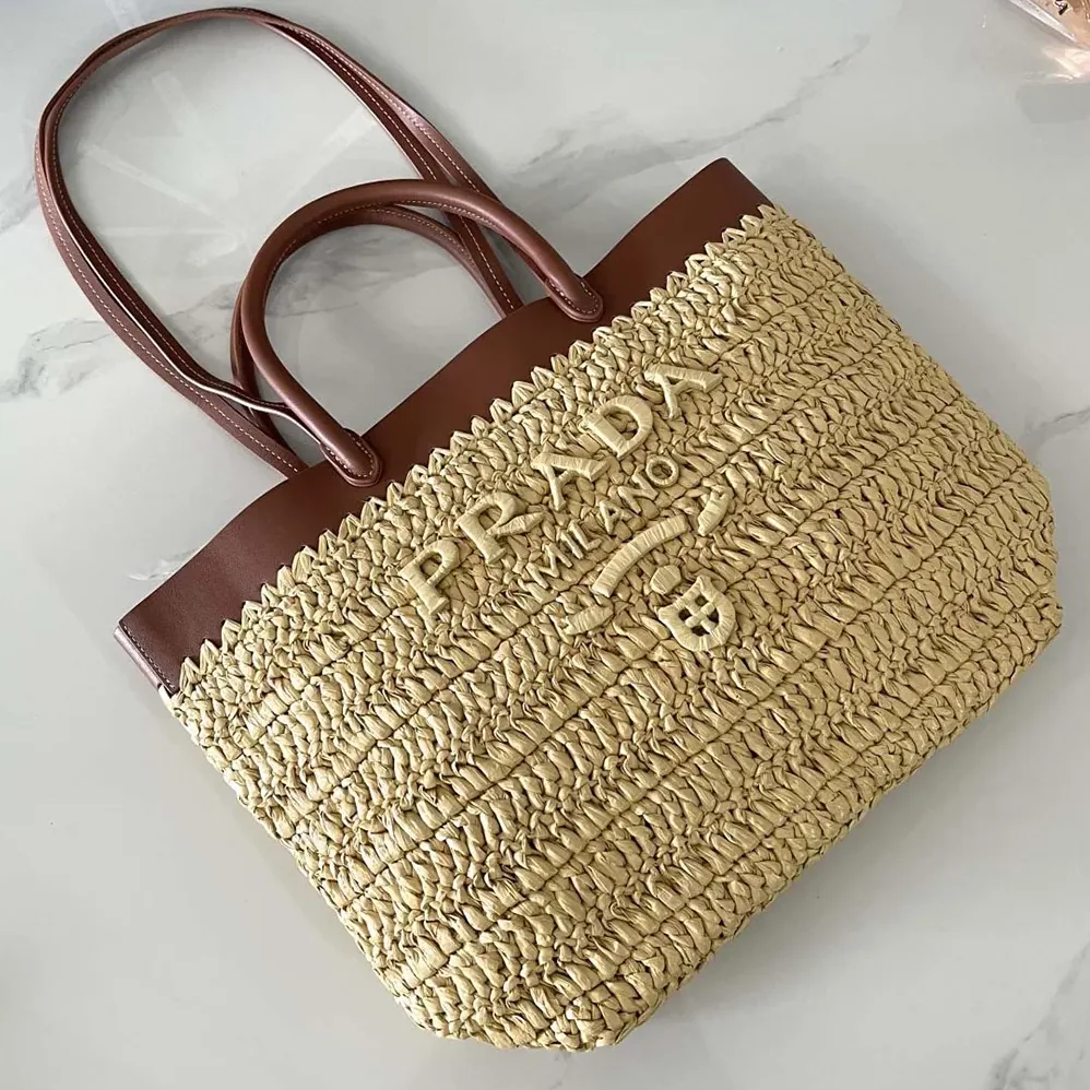 Prada Small Crochet and Leather Tote Bag for Women Prada Small Crochet and Leather Tote Bag for Women