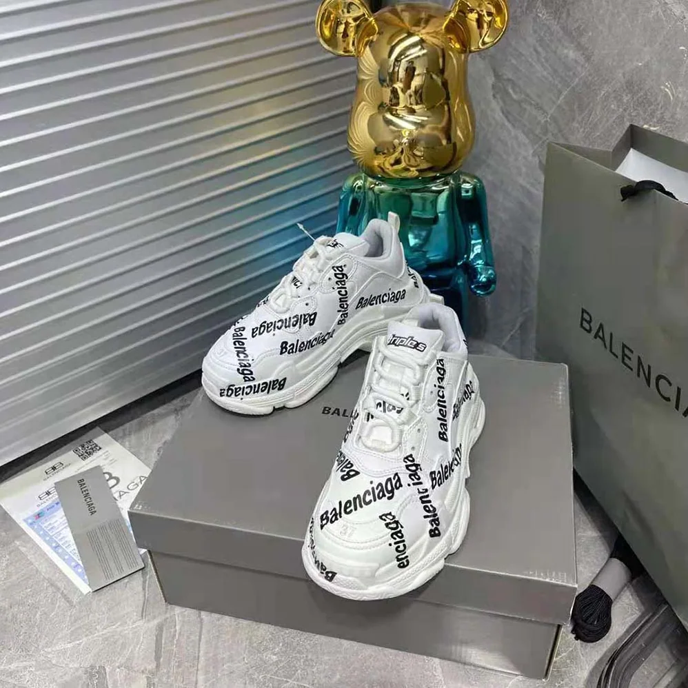 Balenciaga Triple S Logotype Sneaker in White and Black Technical Material for Women