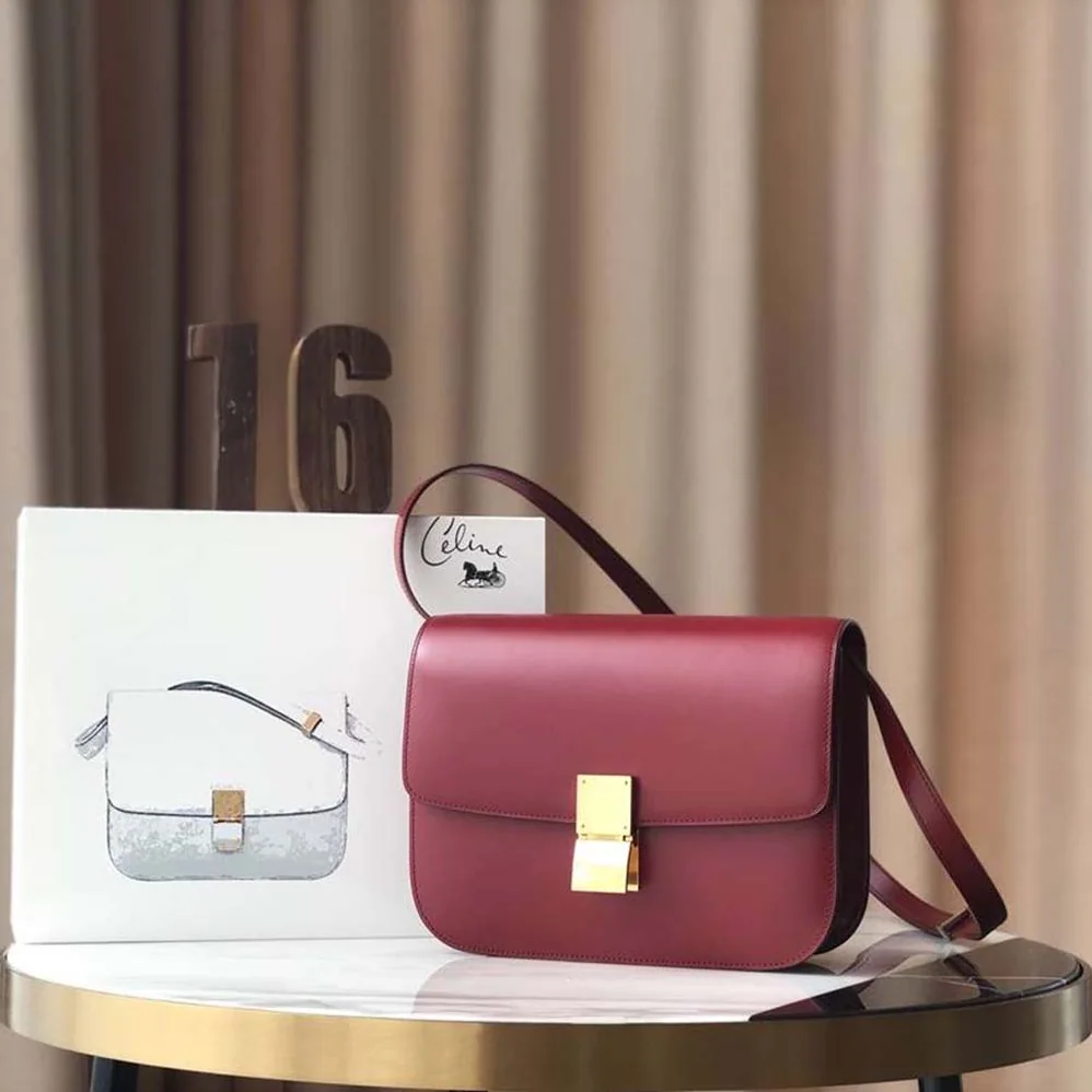 Celine Small Classic Bag in Box Calfskin Leather for Women in Maroon