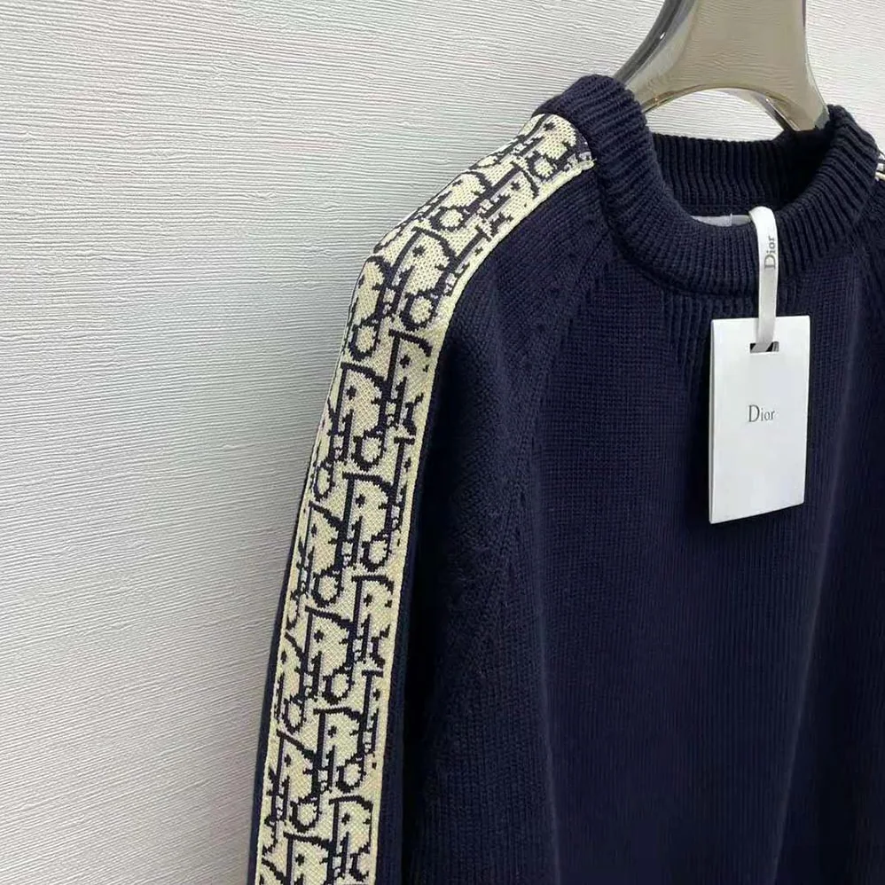 Dior Sweater with Dior Oblique Inserts Deep Blue Cotton Jersey for Men Dior Sweater with Dior Oblique Inserts Deep Blue Cotton Jersey for Men