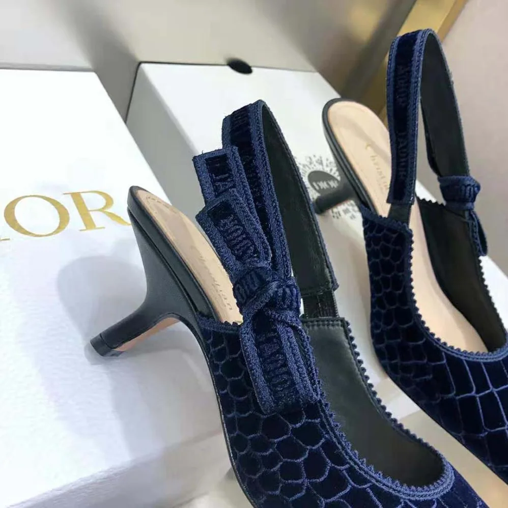 Dior J'Adior Slingback Pump Deep Blue Crocodile for Women in Effect Embroidered Velvet