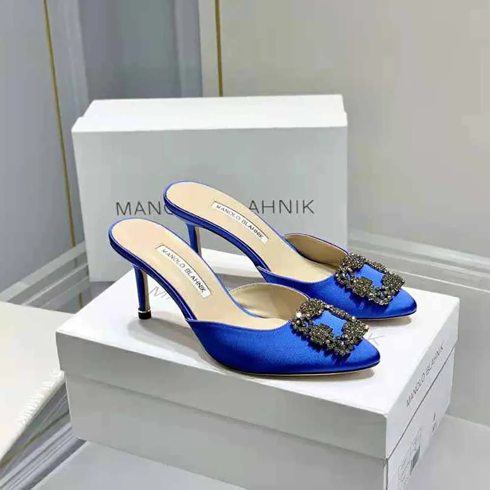 Manolo Blahnik Blue Satin Jewel Buckle Mules for Women Manolo Blahnik Blue Satin Jewel Buckle Mules for Women