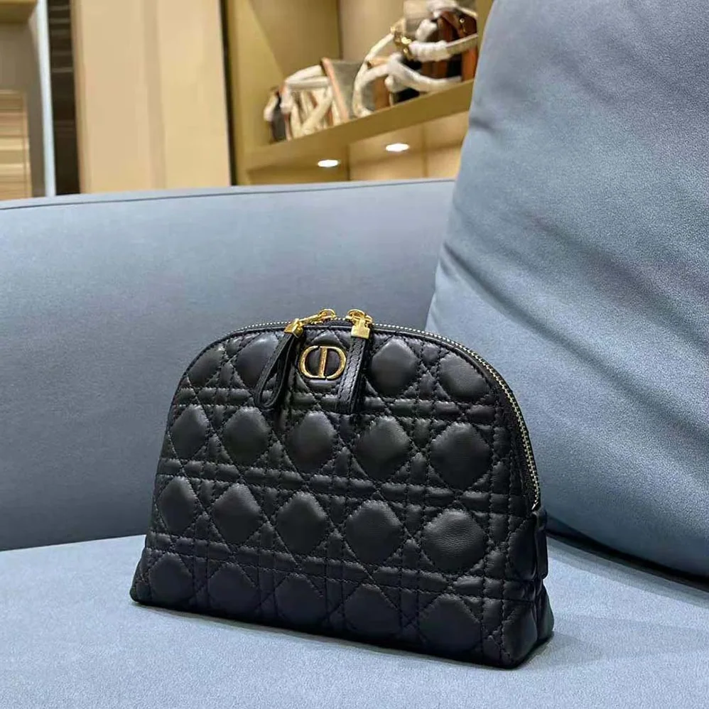 Dior Caro Beauty Pouch Black Cannage Lambskin for Women
