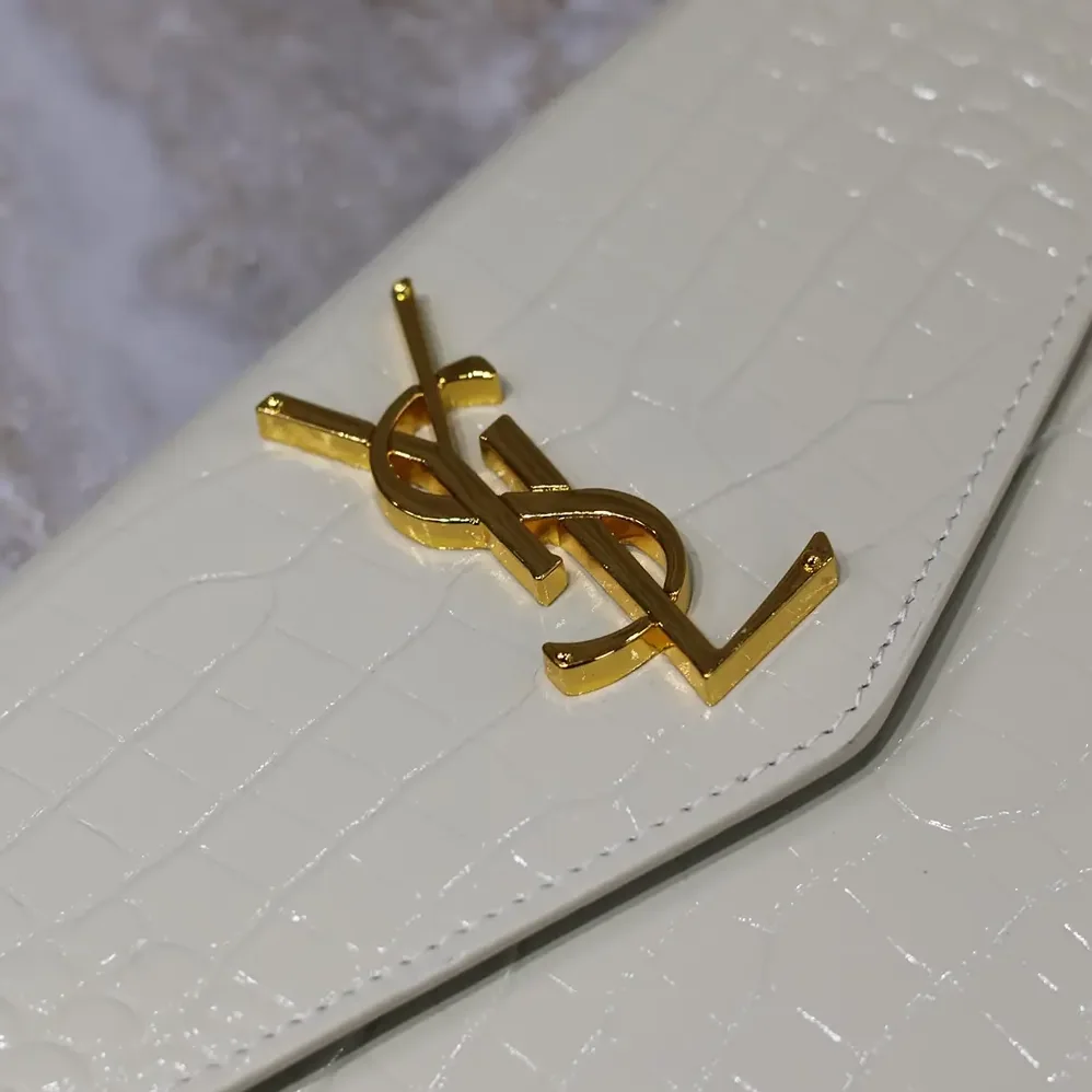 Saint Laurent YSL Uptown Pouch in Crocodile-embossed Shiny Leather for Women in White