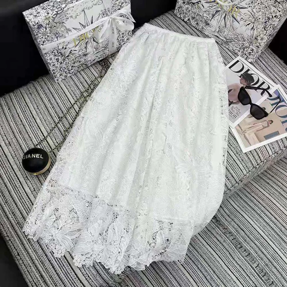 Dior Flared Mid-length Skirt Ecru Technical Cotton Lace with Star Motif for Women