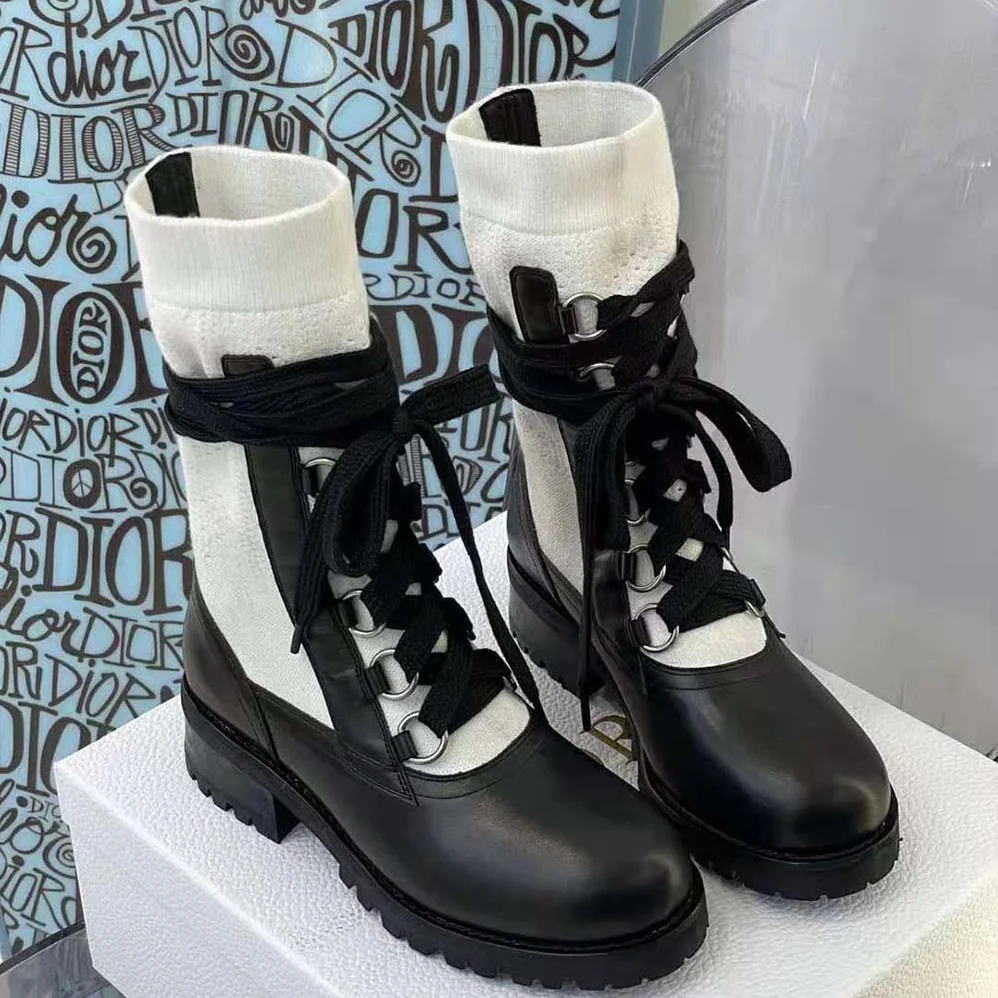 Dior Diorland Lace-up Boot Black Calfskin and White Cotton for Women Dior Diorland Lace-up Boot Black Calfskin and White Cotton for Women