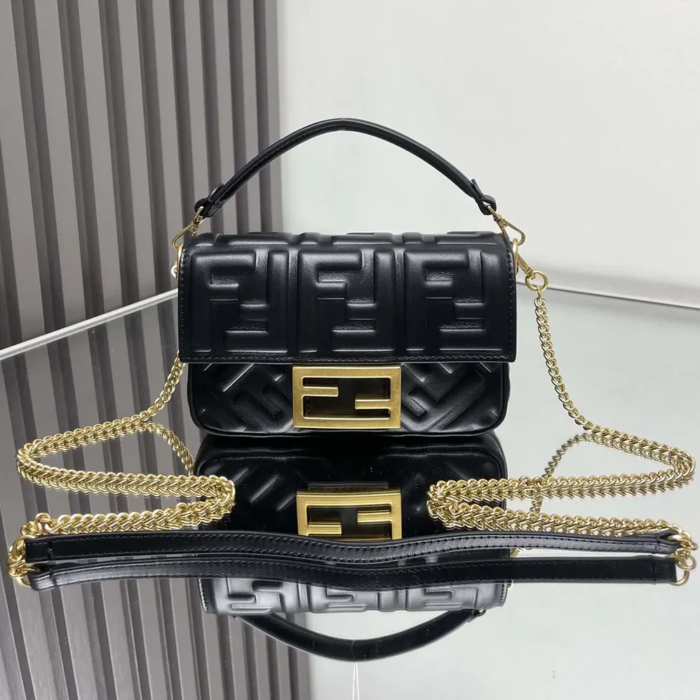 Fendi Baguette Mini Black Nappa Leather Bag with FF Motif for Women Fendi Baguette Mini Black Nappa Leather Bag with FF Motif for Women