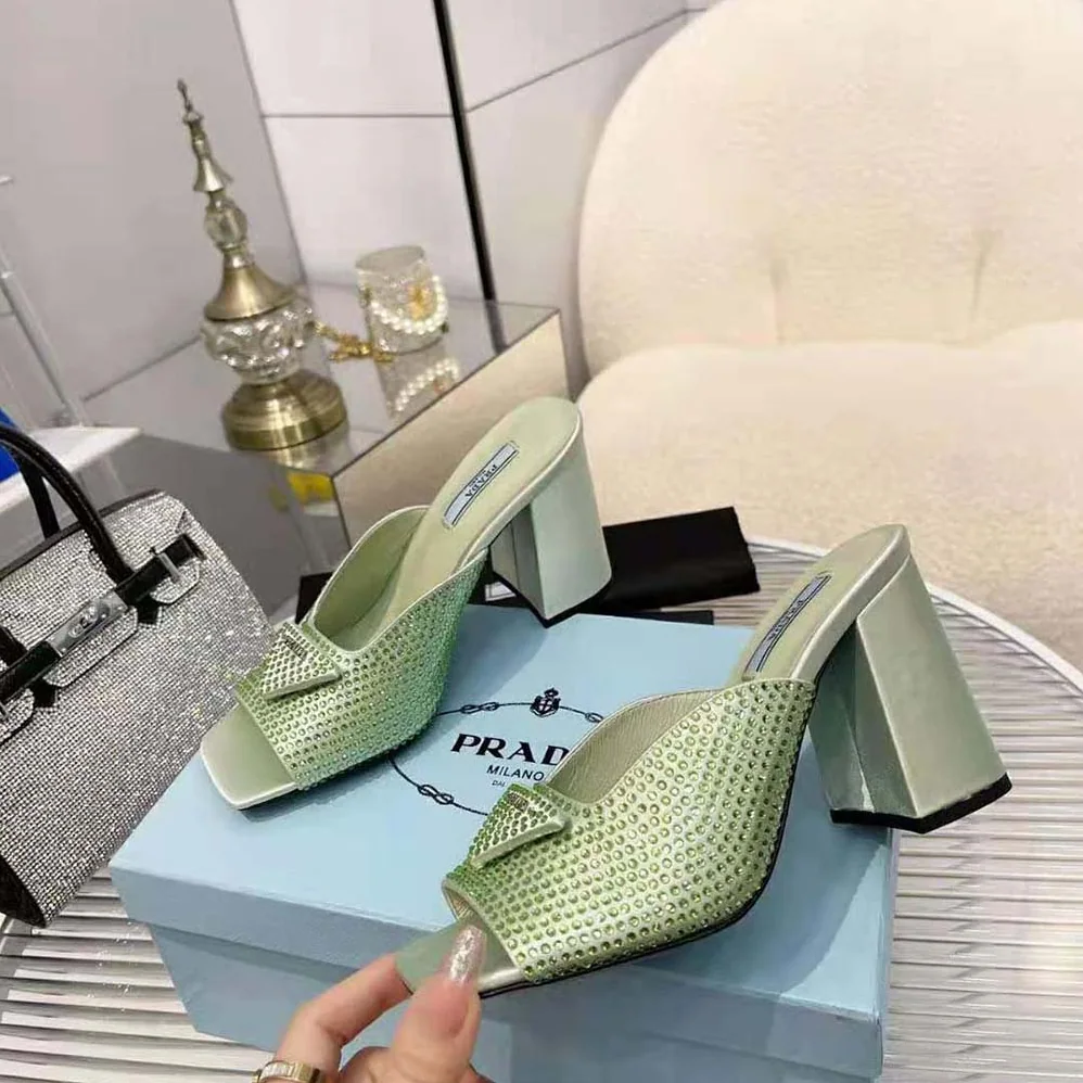 Prada High-heeled Satin Slides with Crystals for Women in Auqa Prada High-heeled Satin Slides with Crystals for Women in Auqa