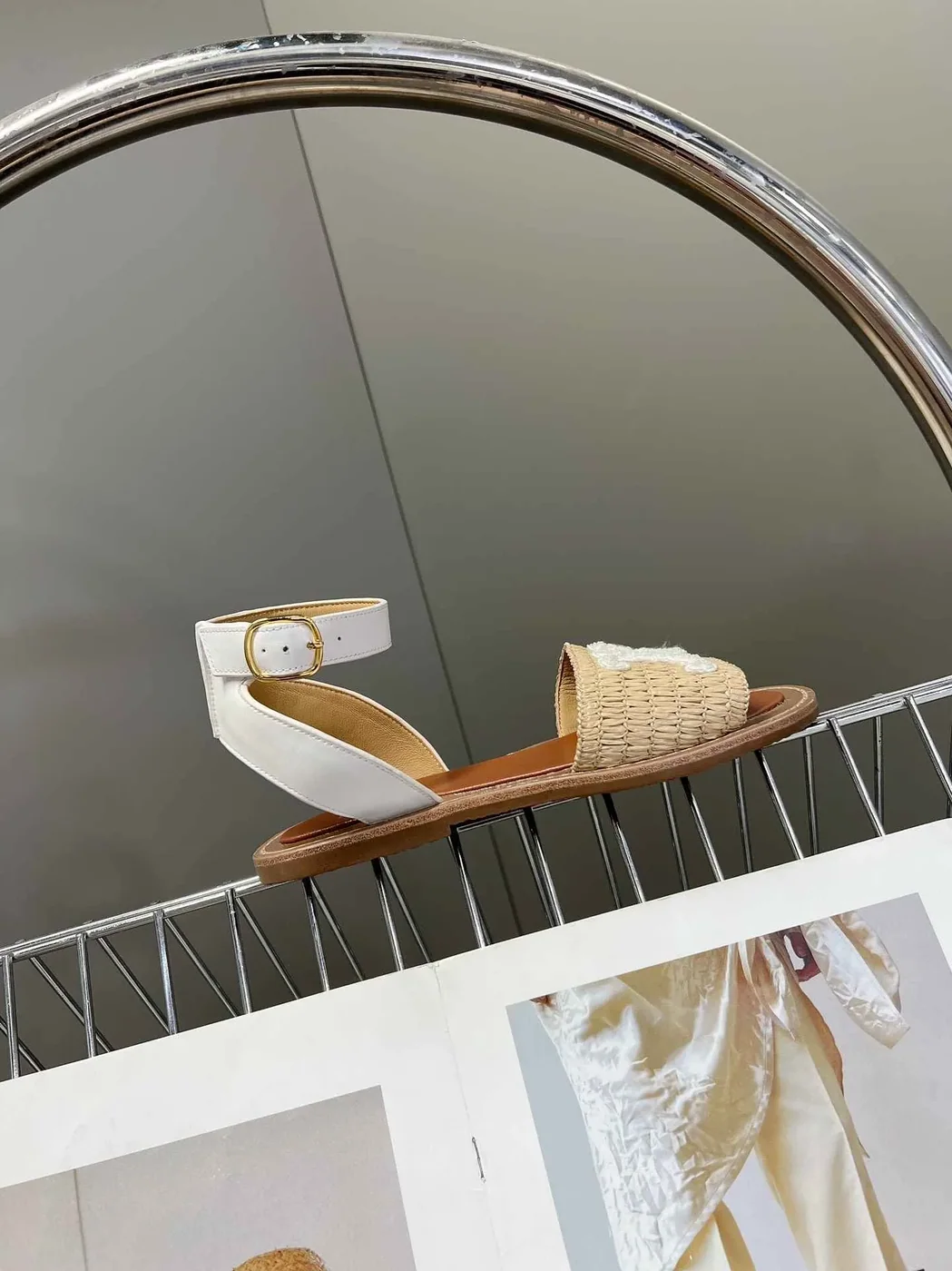 Celine Lympia Flat Strap Sandal In Raffia White .02GH