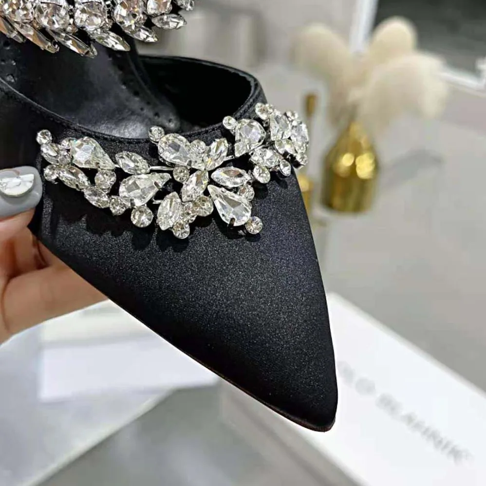 Manolo Blahnik Black Satin Crystal Embellished Mules for Women Manolo Blahnik Black Satin Crystal Embellished Mules for Women