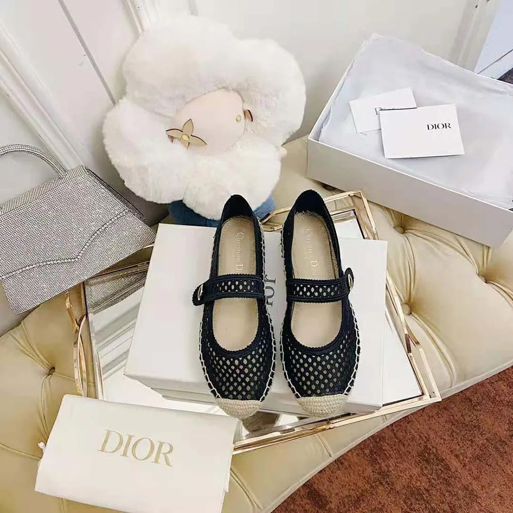 Dior Dior Caro Espadrille Ballerina Flat Black Mesh Embroidery for Women Dior Dior Caro Espadrille Ballerina Flat Black Mesh Embroidery for Women