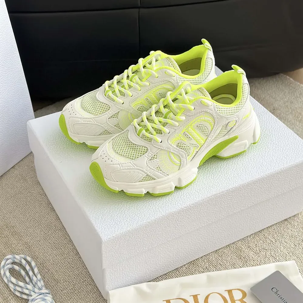 Dior Chrono Sneaker White and Lime Green Mesh with Leather for Unisex in Effect Panels Dior Chrono Sneaker White and Lime Green Mesh with Leather for Unisex in Effect Panels