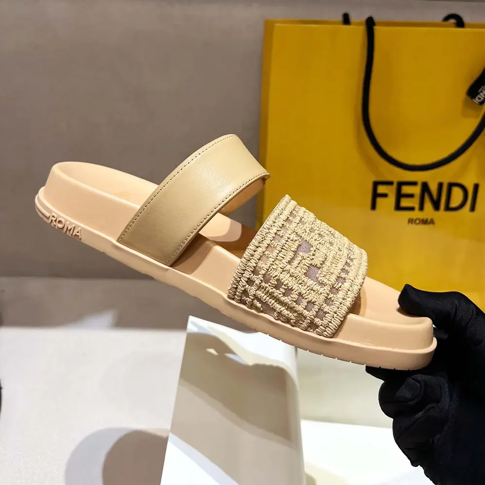 Fendi Feel Mesh Slides with Raffia FF Embroidery for Women