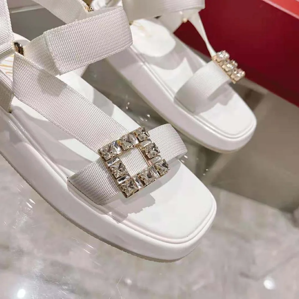 Roger Vivier Vivier Slide Trekky Strass Buckle Sandals in Fabrics for Women in White
